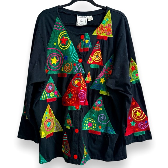 Vintage Michael Simon Lite Christmas Tree Appliqué Cardigan Size 2X - Picture 1 of 6